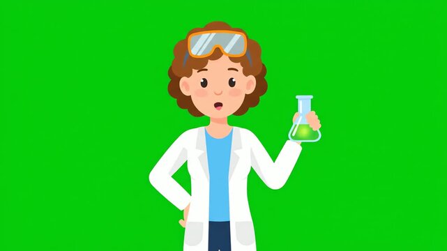 4k video of a surprised female scientist holding a beaker of green liquid, a flat-cartoon style animation against a bright green screen background.