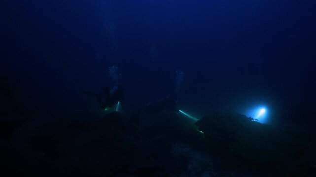 Underwater Koh Tao, Thailand Scuba diving on coral reef night dive lights and scuba divers