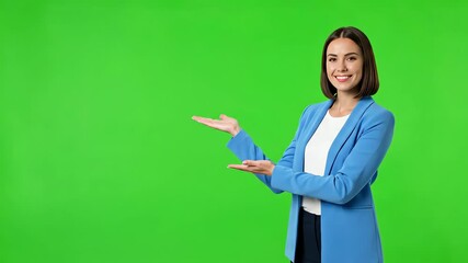 Smiling businesswoman presenting, gesturing with open hands against a bright green chroma key background; 4k video footage, medium shot. - Powered by Adobe