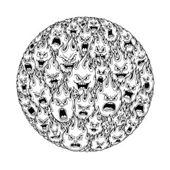 A chaotic sphere filled with handdrawn angry and screaming cartoon flame faces.