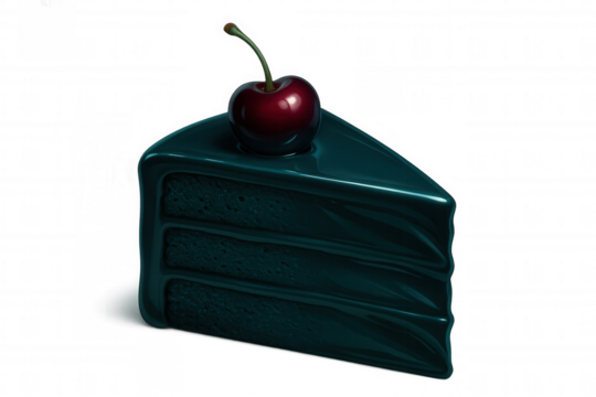 Layered teal green cake slice featuring single cherry garnish, transparently presented