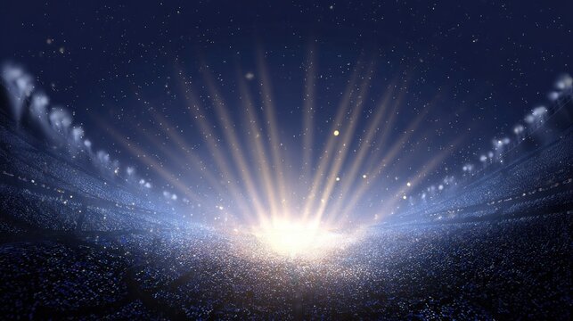 Night stadium, bright lights, cheering fans.  A vast stadium, filled with a multitude of fans, bathed in a radiant spotlight.  Streaks of light radiate from a central point, casting a dazzling effect