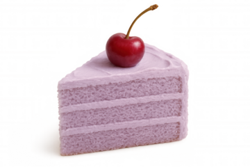 Delicious slice of layered purple ube cake with creamy frosting and a fresh cherry on top, isolated on a transparent background