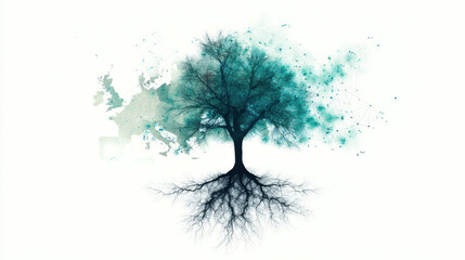 A stylized tree with intricate roots and a watercolor background, symbolizing growth, connection, and nature's beauty.