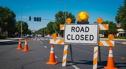 Road Closure Sign with Flashing Light and Orange Cones on Asphalt Street