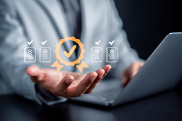 Certificate verification, document approval, quality assurance, and validation process with checkmark trust, compliance, and document review.