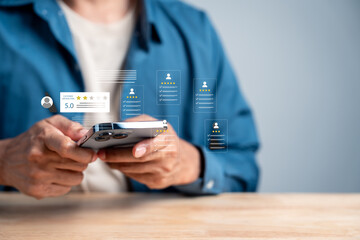 Customer survey, feedback review, satisfaction rating, and online evaluation with person using smartphone star ratings and checklist opinion analysis.