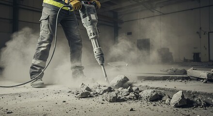 Concrete Demolition with Jackhammer in Dusty Industrial Setting