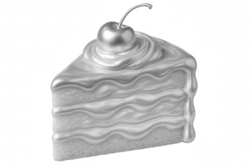 Metallic silver cake slice with frosting and cherry on top, isolated on transparent background, ideal for food and celebration related designs