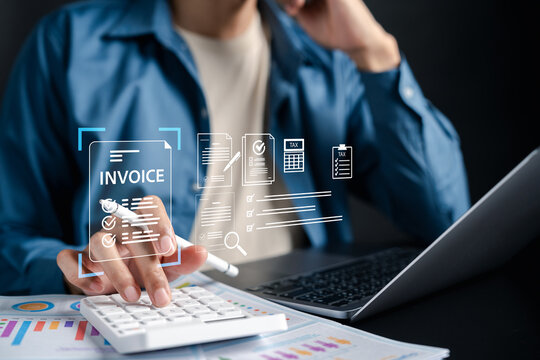 Digital invoice form and tax management concept. Businessman using calculator and laptop with billing e-invoicing, online accounting, and financial document processing.