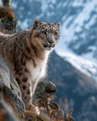Obraz premium Snow Leopard Majesty: A snow leopard, its coat blending seamlessly with the snowy mountain, surveys its domain with an air of majestic composure.