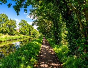 Canal path lined with trees under a summer sky