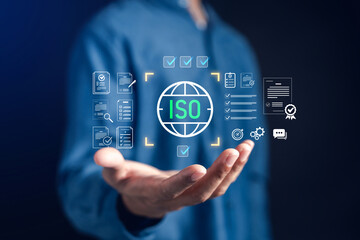 ISO certification and quality management with digital compliance documents and checklist, symbolizing standards, assurance, business process, audit, and performance control.