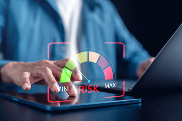 Risk management with and risk level gauge, financial planning, decision making, business safety, risk assessment strategy.