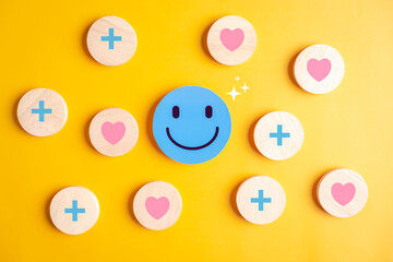 Self love and mental wellness with smiling face by heart and plus icons, happiness, positive...