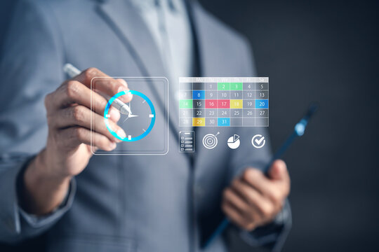 Schedule management and time planning with digital calendar and clock, productivity, task organization, business workflow, project scheduling, and effective time management. - Powered by Adobe