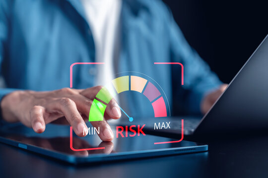 Risk management with and risk level gauge, financial planning, decision making, business safety, risk assessment strategy.