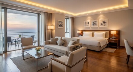 Luxurious hotel room with sea view and comfortable furniture