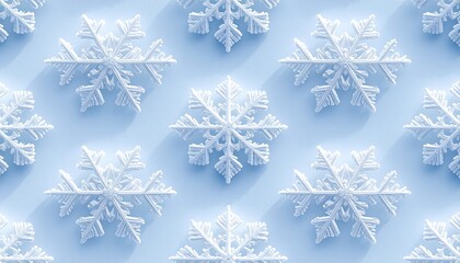 White snowflakes on a plain white or blue background, highlighting their unique symmetrical patterns. SEAMLESS PATTERN. SEAMLESS WALLPAPER.