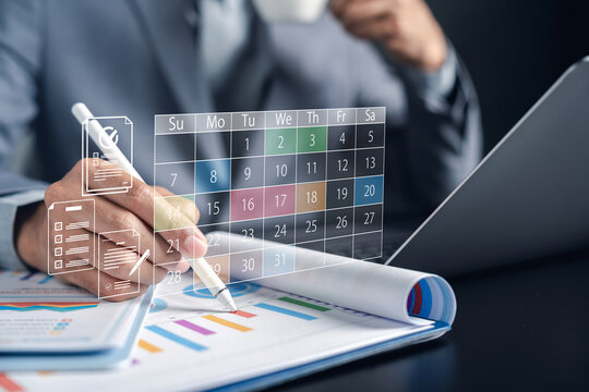 Time management, workflow planning, task scheduling, and document checklist with businessman analyzing calendar and report, productivity, deadline tracking, and organization.