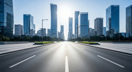 Fototapeta premium Modern city street with tall skyscrapers under bright sun