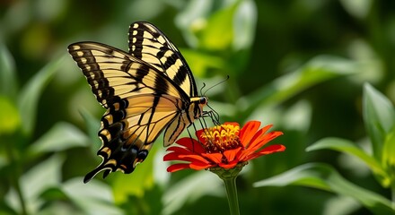 Fototapeta premium Swallowtail Butterfly on Vibrant Zinnia Flower in Garden.