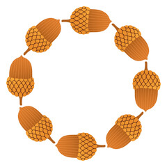 Autumn acorn circle frame. Round border made of doodle hand drawn fall acorns. The acorns are arranged in a circle for stickers, banners, cards, ads. Vector flat isolated on white background.