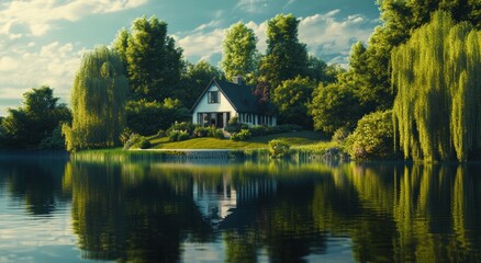 Obraz premium Idyllic Lakeside Retreat, A Serene Home Nestled Among Lush Greenery and Calm Waters