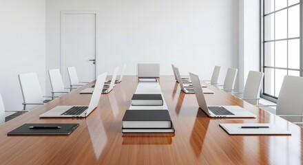 Modern empty conference room with wooden table and laptops