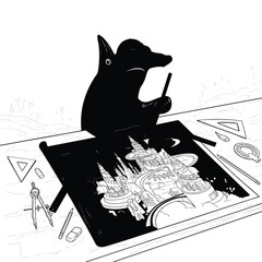 A silhouetted cartoon animal architect meticulously drawing a futuristic city on a drafting table.