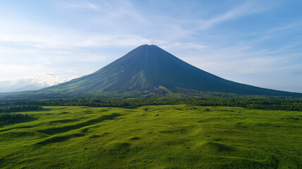 Majestic volcanic mountain towering over lush green landscape under clear blue sky with gentle clouds and vibrant foreground of rolling hills