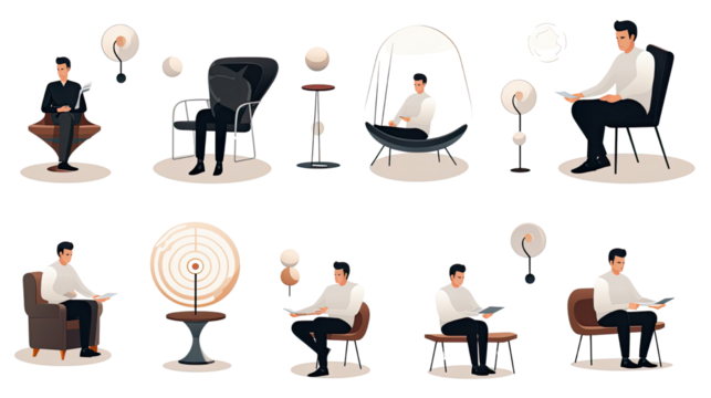 Collection of modern illustrations of men sitting and reading in contemporary chairs with minimal interiors isolated on white background