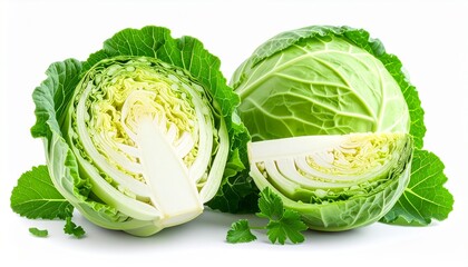 Fototapeta premium Fresh Cabbage whole and sliced with green leaves on white background, close-up, studio photography