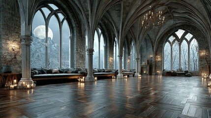 Large gothic hall with arched windows and reflective floor surface.