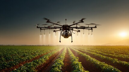 Agricultural drone spraying crops at sunrise