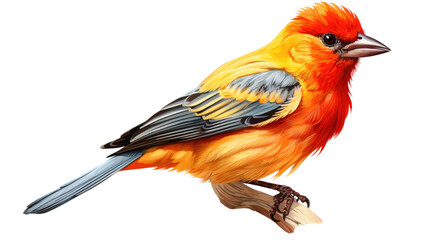 Fototapeta premium Colorful tropical songbird with bright orange and yellow feathers perched on branch isolated on white background