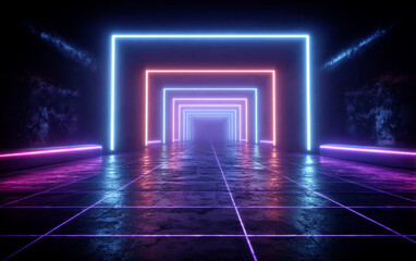 Neon-lit futuristic tunnel with multiple glowing rectangular frames