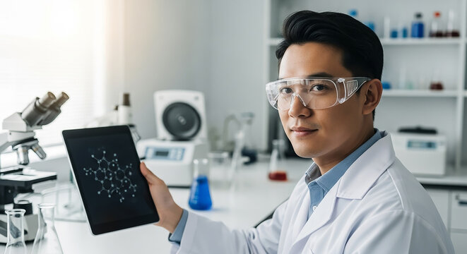 Scientist showing molecule formula on tablet in laboratory