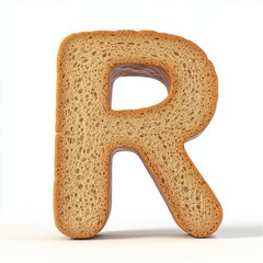 A font R shaped from loaf bread slice, education alphabet kids with sweet food, isolated white