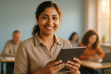 Smiling woman using digital tablet in classroom, confident adult student learning technology with group in education setting