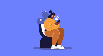 Illustration of a young woman sitting and focused on her smartphone, symbolizing digital communication, social media, and modern tech lifestyle.