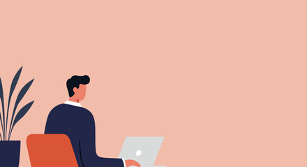 Professional man working remotely on a laptop in a modern, minimalist home office setting. Ideal for business, technology, and online learning concepts.