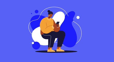 A woman in a cozy sweater sits, engaged with her smartphone, representing modern digital lifestyle, communication, and online interaction. Perfect for tech, social media, or business themes.