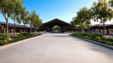 Naklejka premium Modern outdoor shopping center with unique architecture, green landscaping, sunny sky, and vibrant atmosphere inviting shoppers and visitors to explore