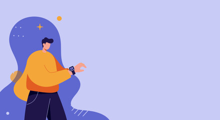 Man in yellow sweater checking smartwatch, representing modern technology use, connectivity, and digital lifestyle. Ideal for tech, health, or business concepts.