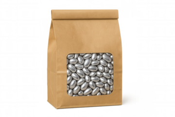 Silver sugared almonds in a brown paper bag with transparent background, ideal for showcasing your product or design