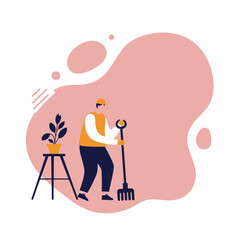 A man in work attire holds a rake next to a potted plant, symbolizing gardening, home care, and outdoor activity. Ideal for lifestyle and maintenance themes.