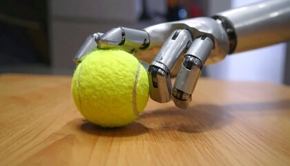Robotic arm grasping a tennis ball on a wooden table
