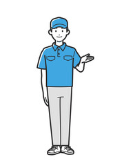 Young Delivery Man Pointing and Guiding Vector Illustration