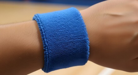 Close-up of a person wearing a blue terrycloth sweatband on their wrist, ideal for sports and fitness activities